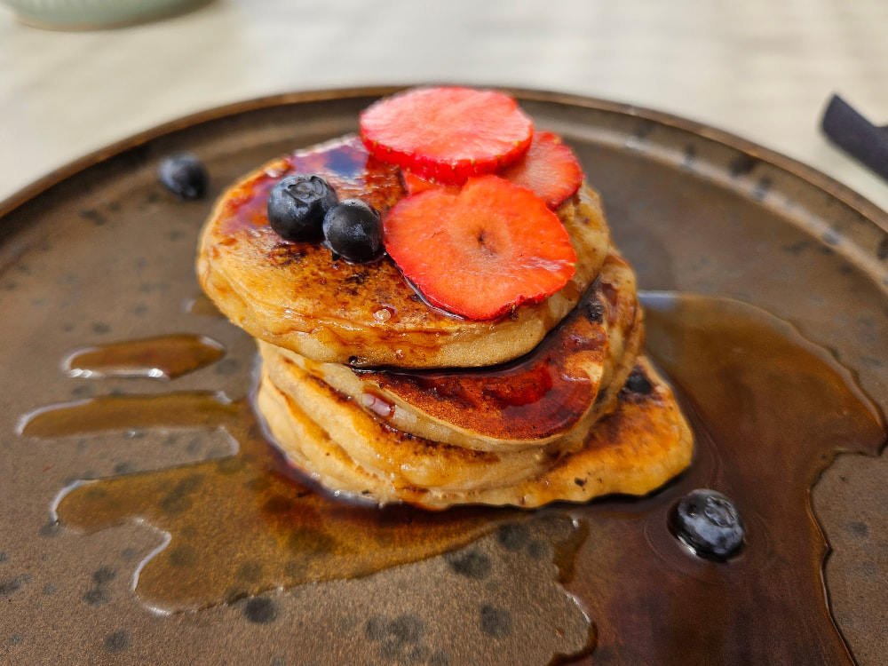 Vegan pancakes for breakfast at Koukoumi Vegan Hotel