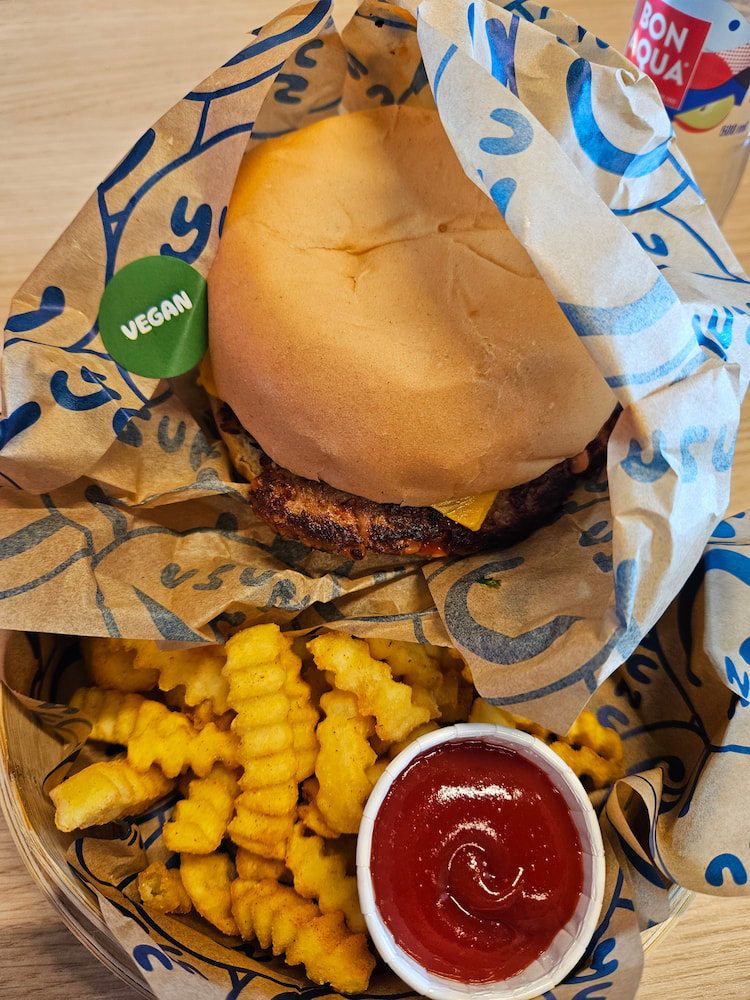 Vegan burger and fries at Keflavik Airport, Iceland