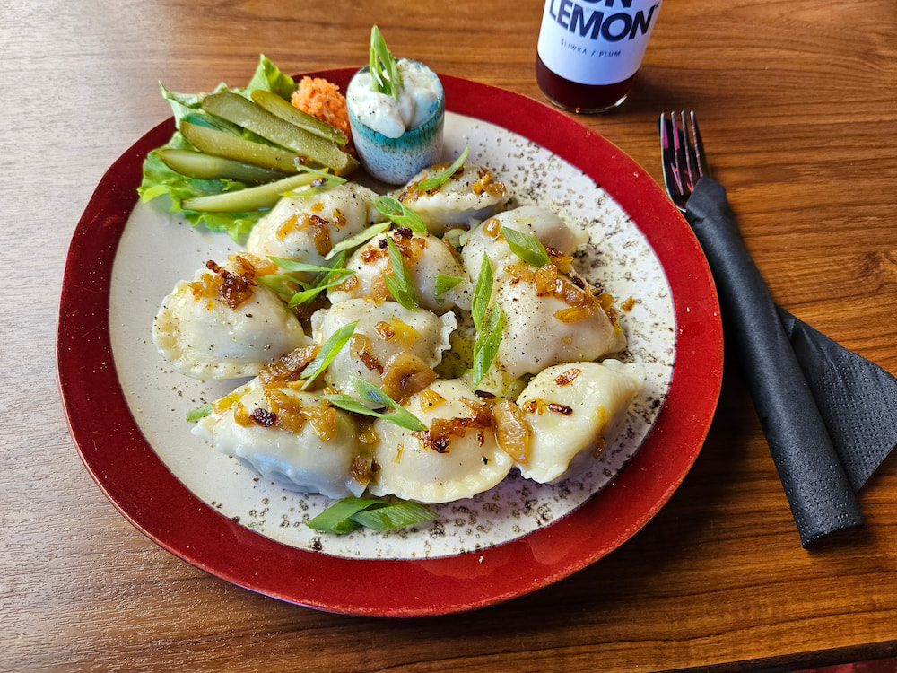 Vegan Polish dumpling combo at Kemuri, vegetarian restaurant in Reykjavik, Iceland