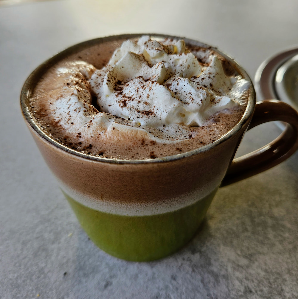 Vegan hot chocolate with whipped cream at Plantan, Reykjavik, Iceland