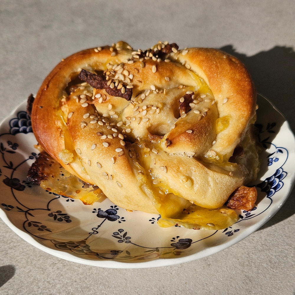 Vegan cheese and ham knotted pastry at Plantan, Reykjavik, Iceland